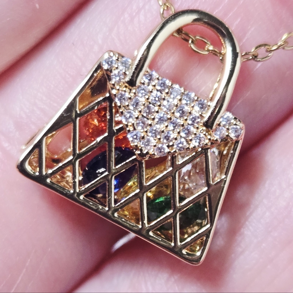 Gold Handbag Necklace Rhinestone Purse Pendant Cute Bling Fashion Jewelry Gift - Picture 2 of 10